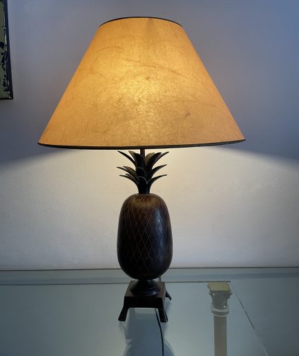 Vintage Brass Pineapple Accent Table Lamp with Shade Mid Century Hollywood Regency