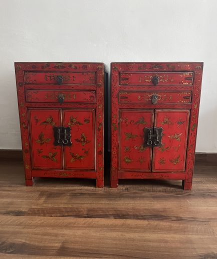 Pair of Vintage Gilt-Painted Shanxi Style Red Lacquer Narrow Cabinets